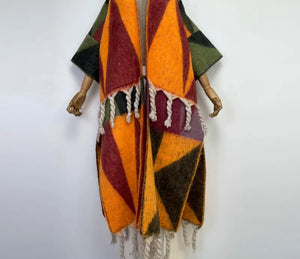 Burgundy Colorful Long Wool Kaftan