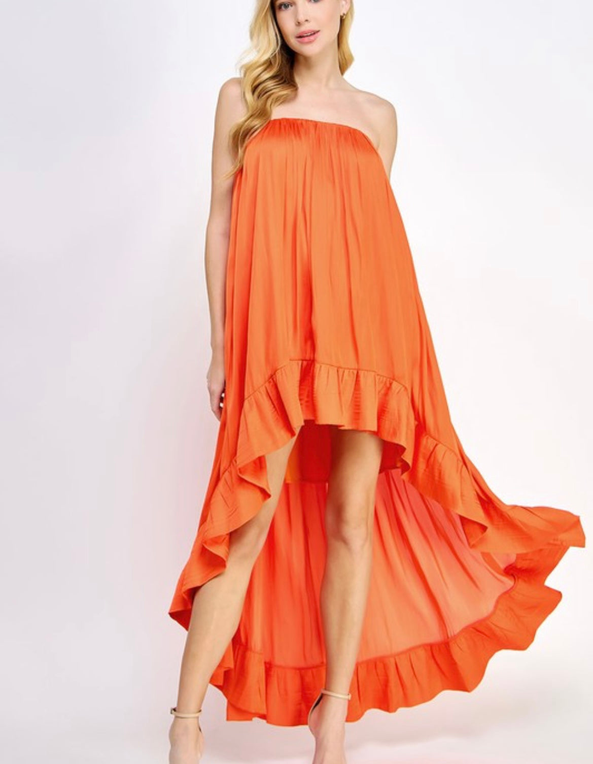 The Neveah Orange High Low Dress