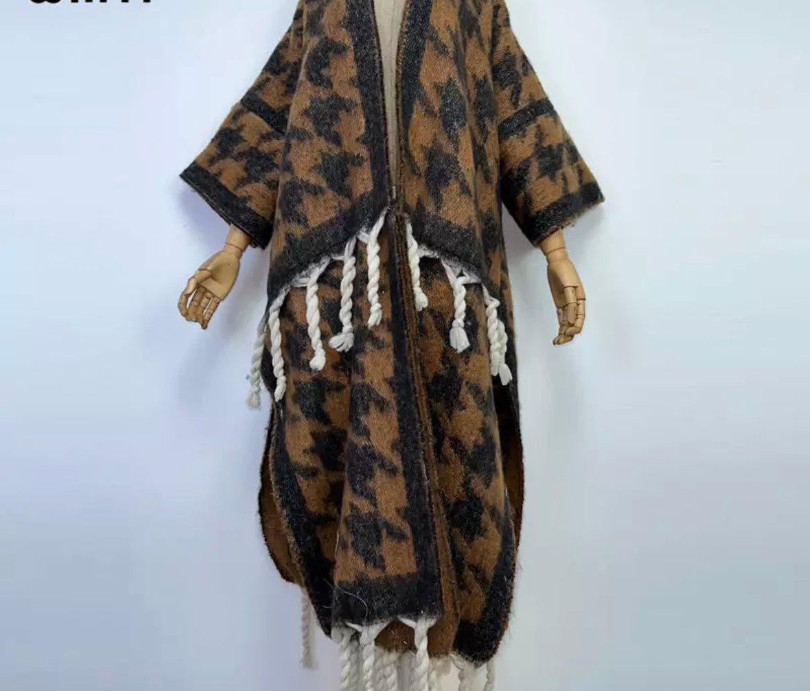 Brown Houndstooth Fuzzy Long Kimono Cardigan